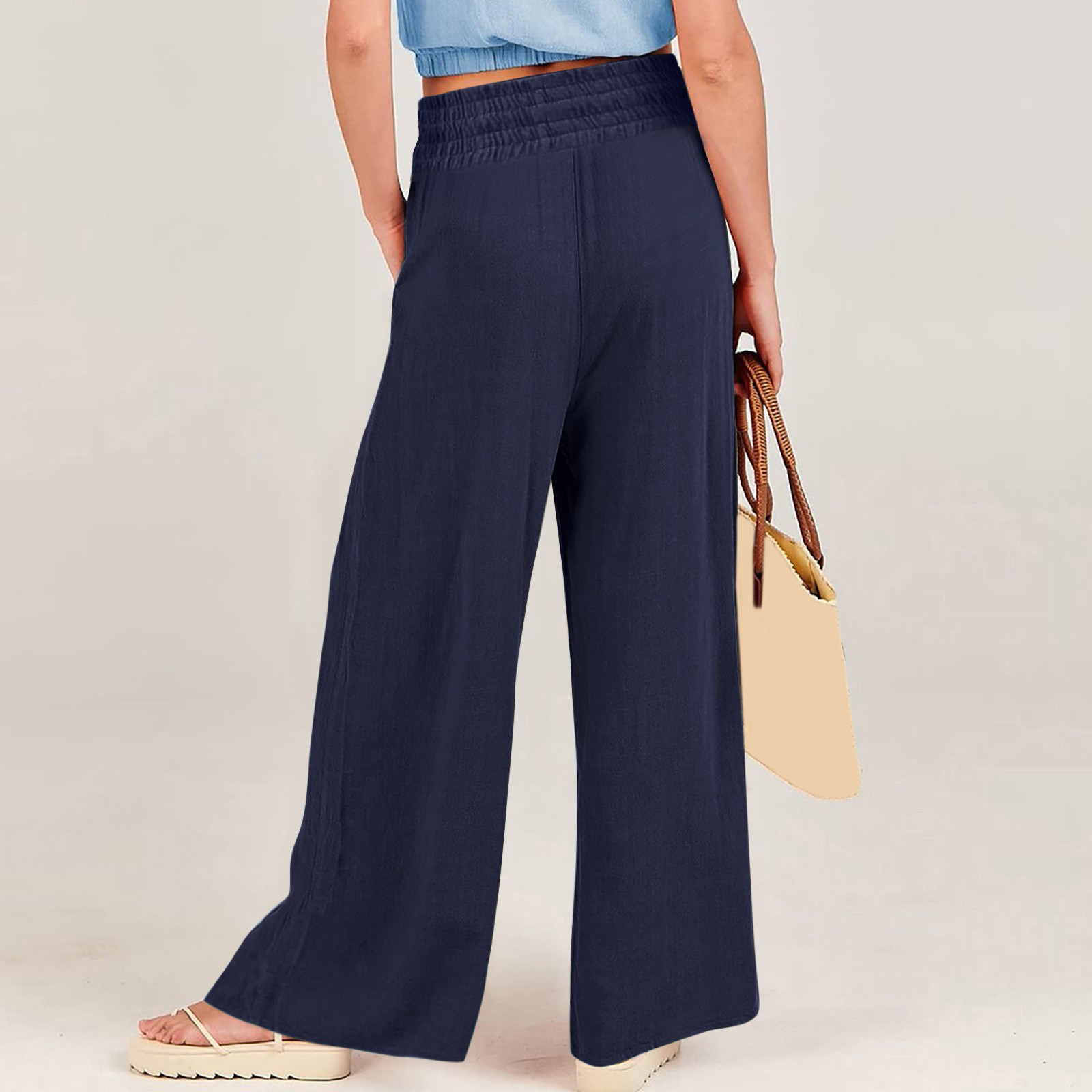 thumbnail image 4 of Pantalones de mujer de cintura alta y pierna ancha: pantalones palazzo con bolsillos, tejido ligero, ropa informal para vacaciones, tallas S-XXXL, cintura de 68-88 cm, corte holgado y cómodo., 4 of 5